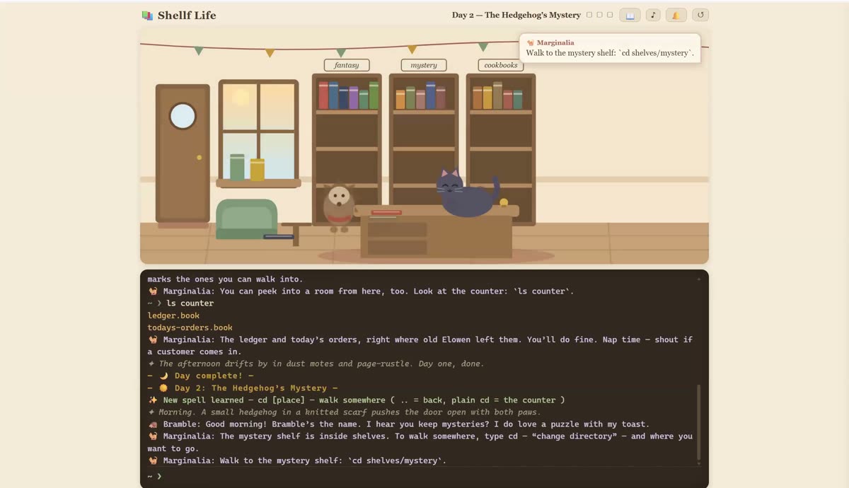 The deployed Shellf Life game in a browser: an illustrated cozy bookshop with fantasy, mystery, and cookbook shelves, a cat sleeping on the counter, and a terminal pane where Marginalia the cat guides the player through cd commands