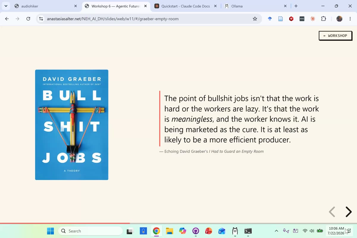 Workshop slide showing the cover of David Graeber's Bullshit Jobs beside a quotation arguing that AI is being marketed as the cure for meaningless work