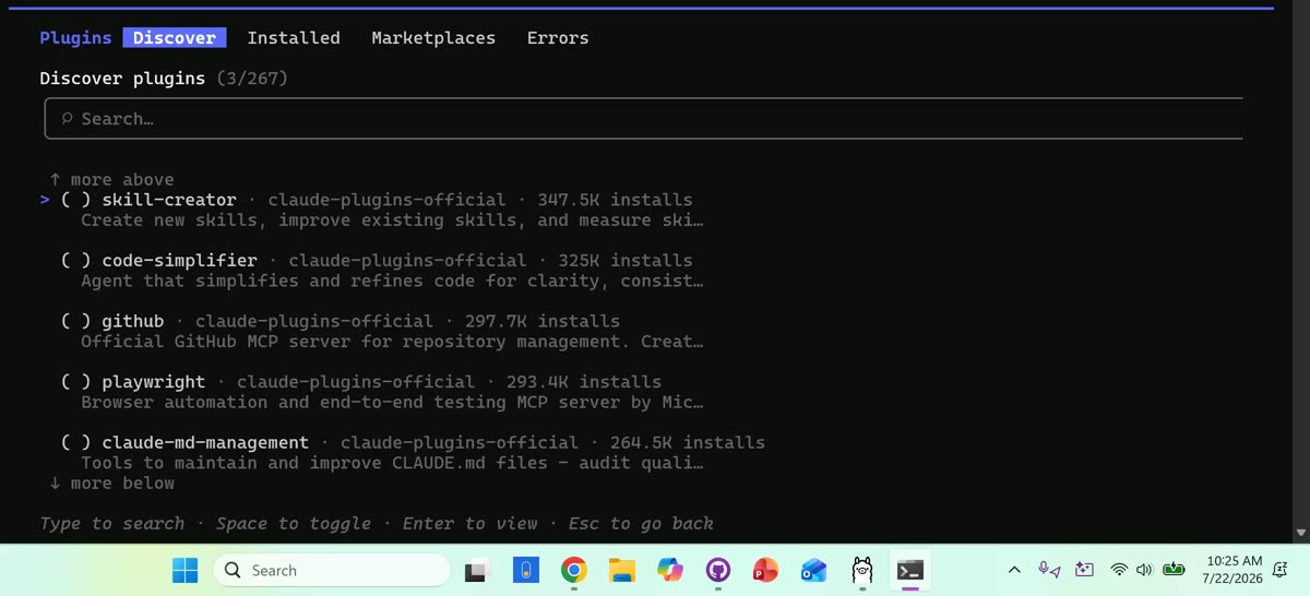 Claude Code plugin marketplace in the terminal listing skill-creator, code-simplifier, github, playwright, and claude-md-management plugins with install counts
