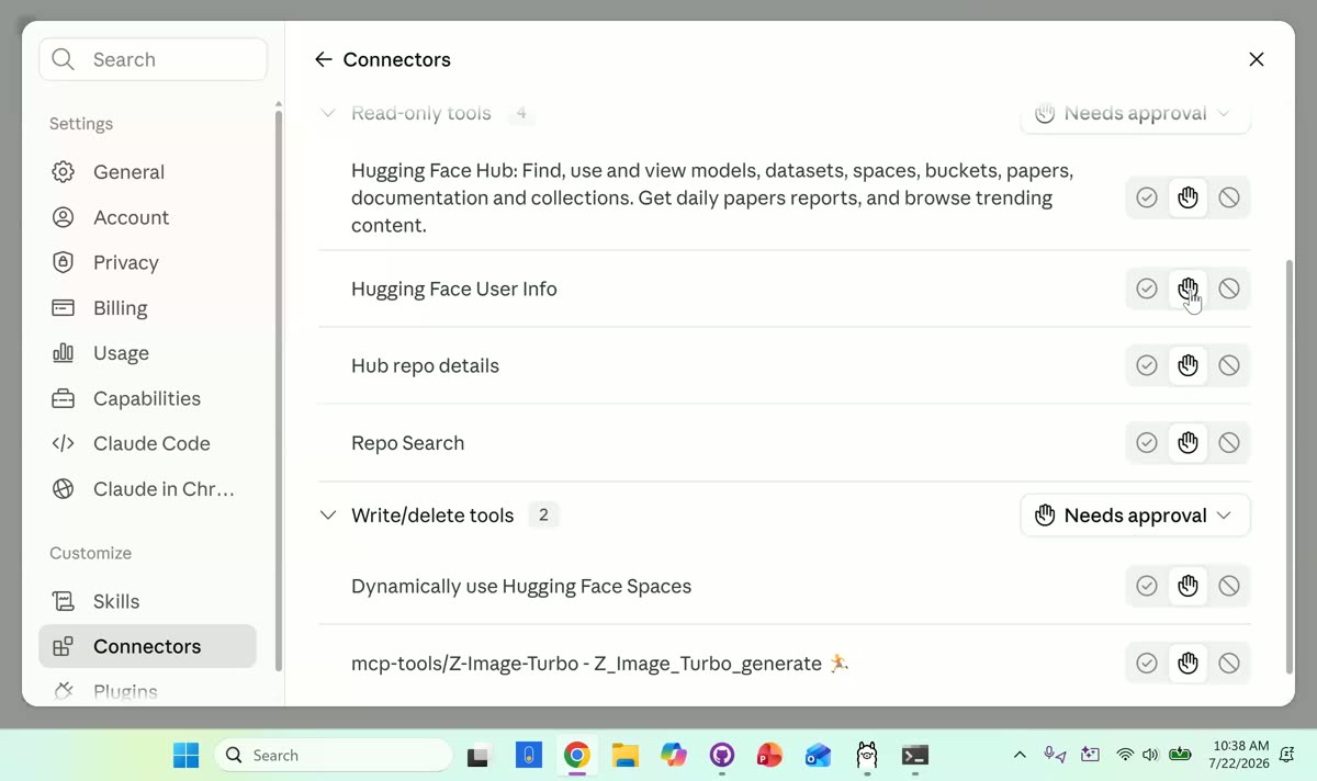 Claude connector settings for Hugging Face showing read-only tools and write tools each set to needs-approval