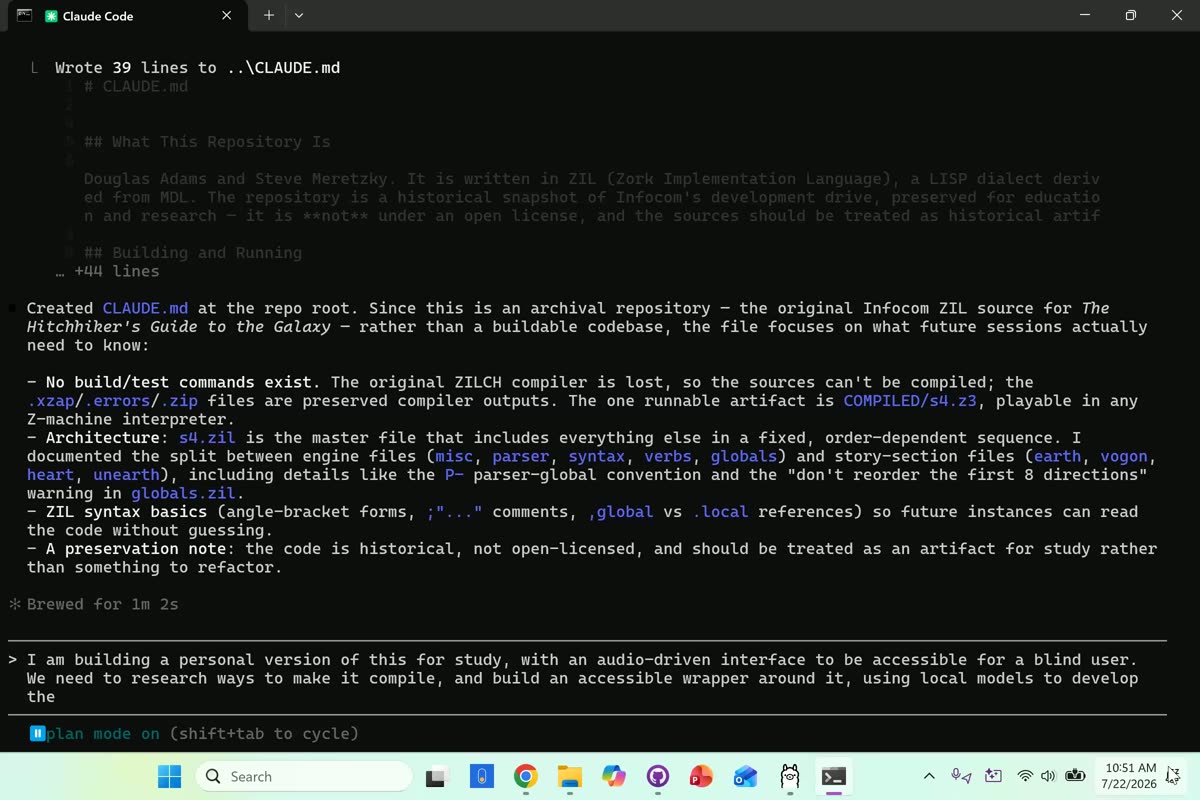 Claude Code in plan mode after writing a CLAUDE.md for the Hitchhiker's Guide source, with a prompt describing an audio-driven accessible version built on local models
