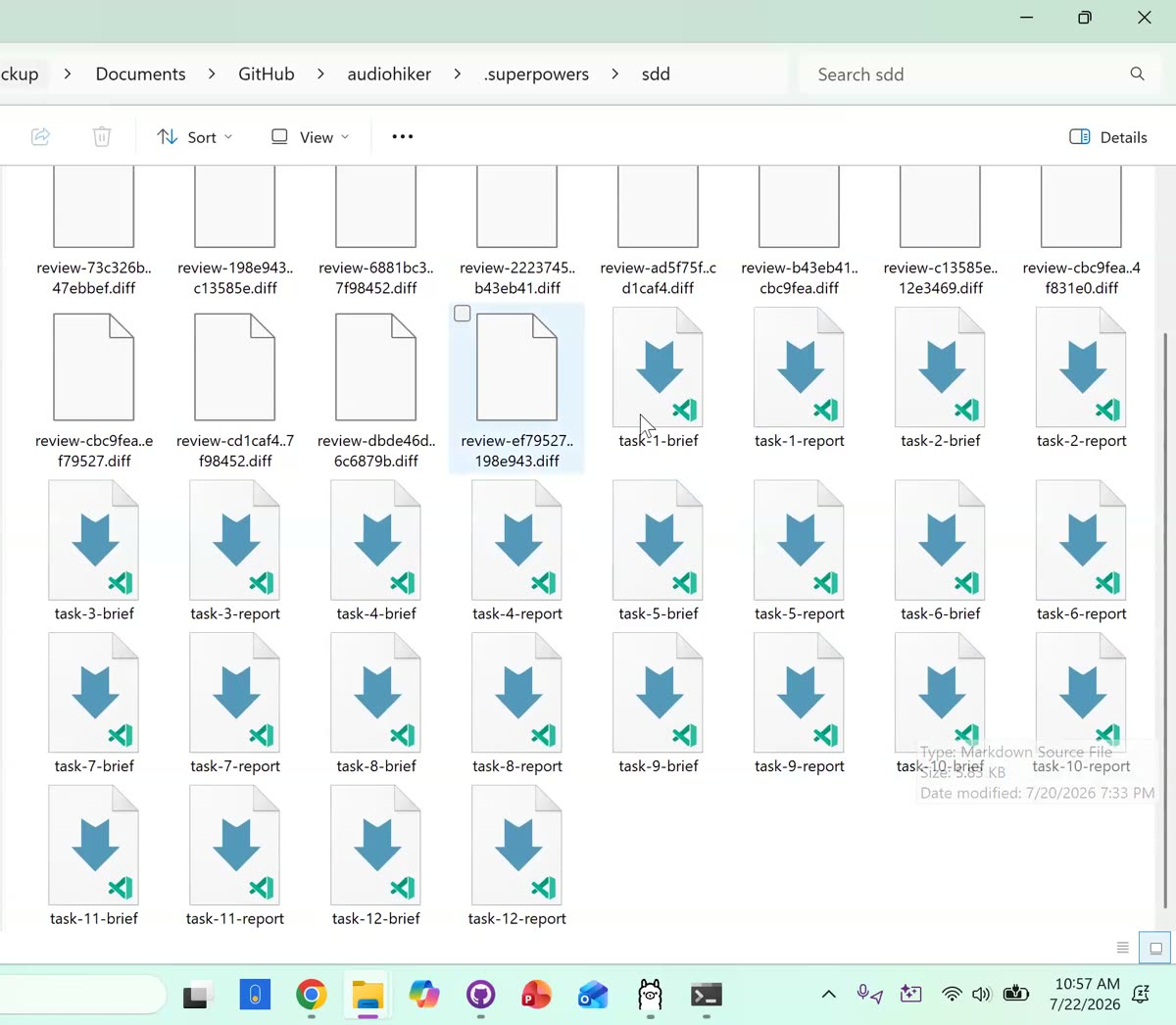 File explorer view of the audiohiker superpowers folder showing review diffs and twelve numbered task briefs and reports