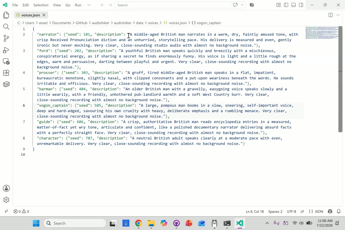 VS Code showing the audiohiker voices.json file with prose voice descriptions for the narrator, Ford, Prosser, the barman, the Vogon captain, and the Guide