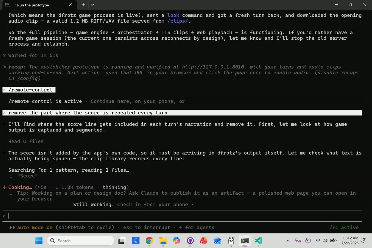 Claude Code terminal with remote control active, showing a fix request sent from a phone to remove the repeated score line from the game's narration