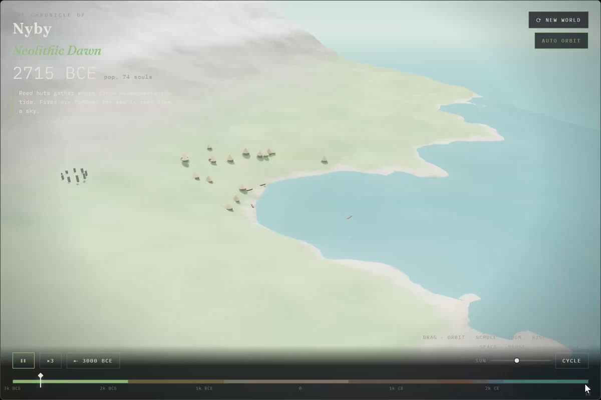 Fable's harbor town simulation in a pale museum-like style, showing a Neolithic settlement labeled 2715 BCE with a sun slider and timeline controls