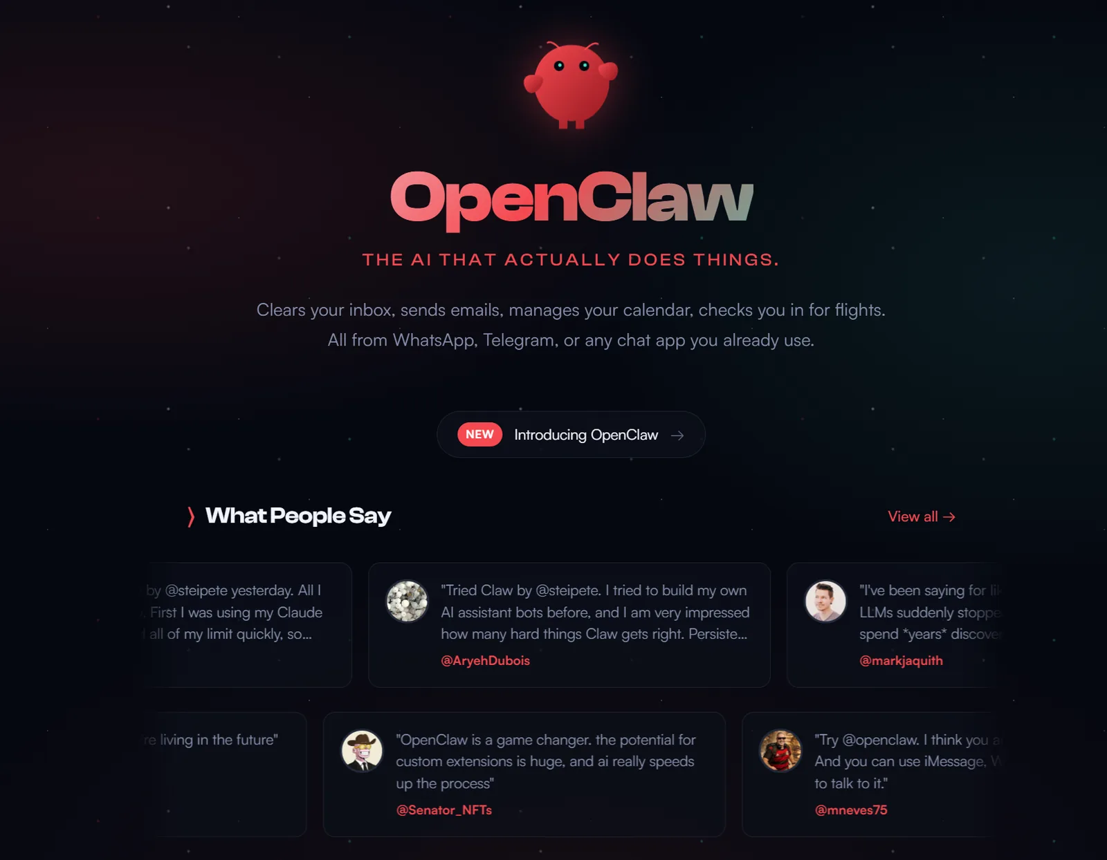 Screenshot of OpenClaw, an agentic AI tool: 'The AI that actually does things — clears your inbox, sends emails, manages your calendar, checks you in for flights.'