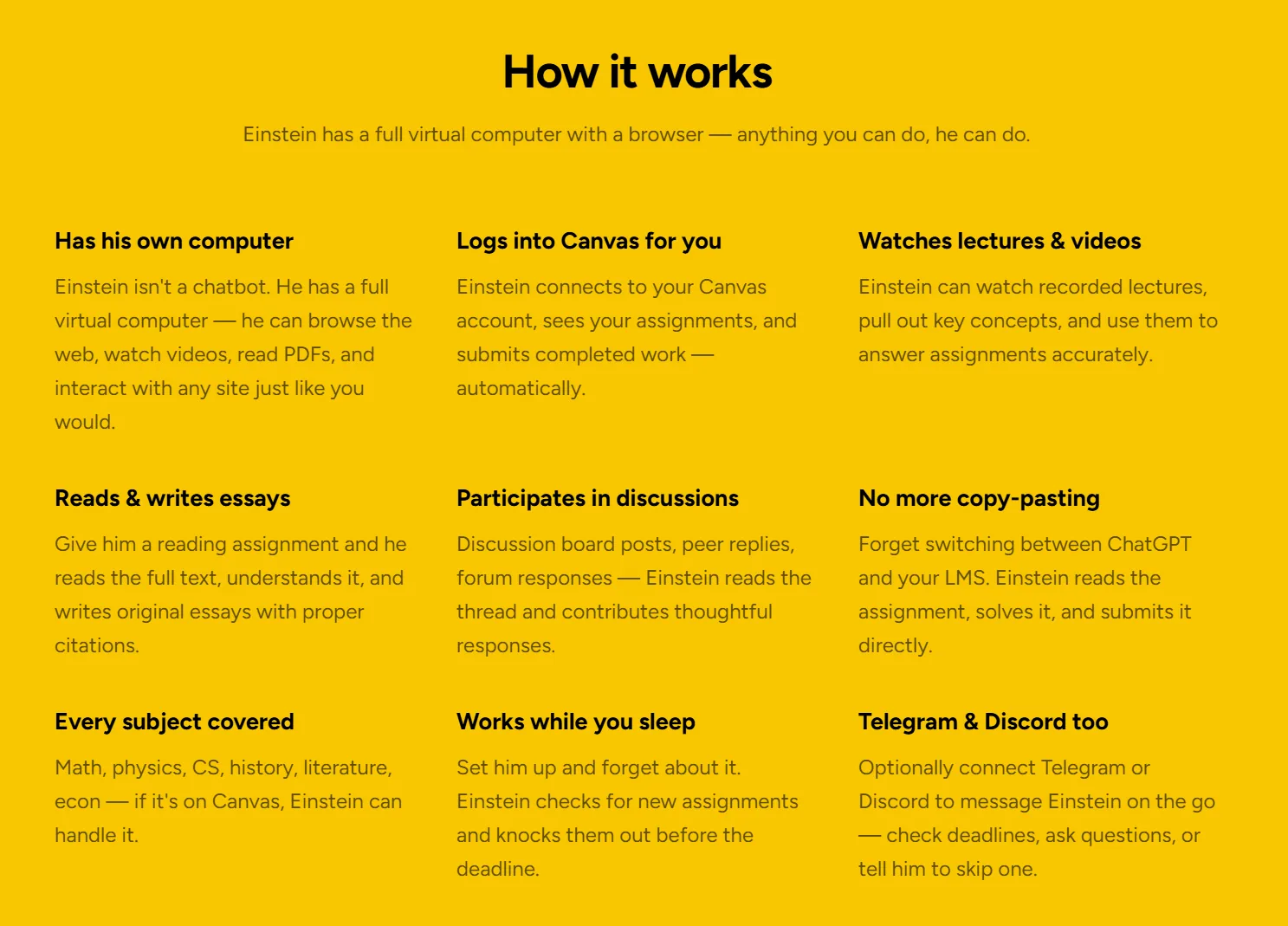 Screenshot of the Einstein.AI 'How it works' page: Einstein has a full virtual computer with a browser, logs into Canvas, watches lectures, reads and writes essays, participates in discussions.