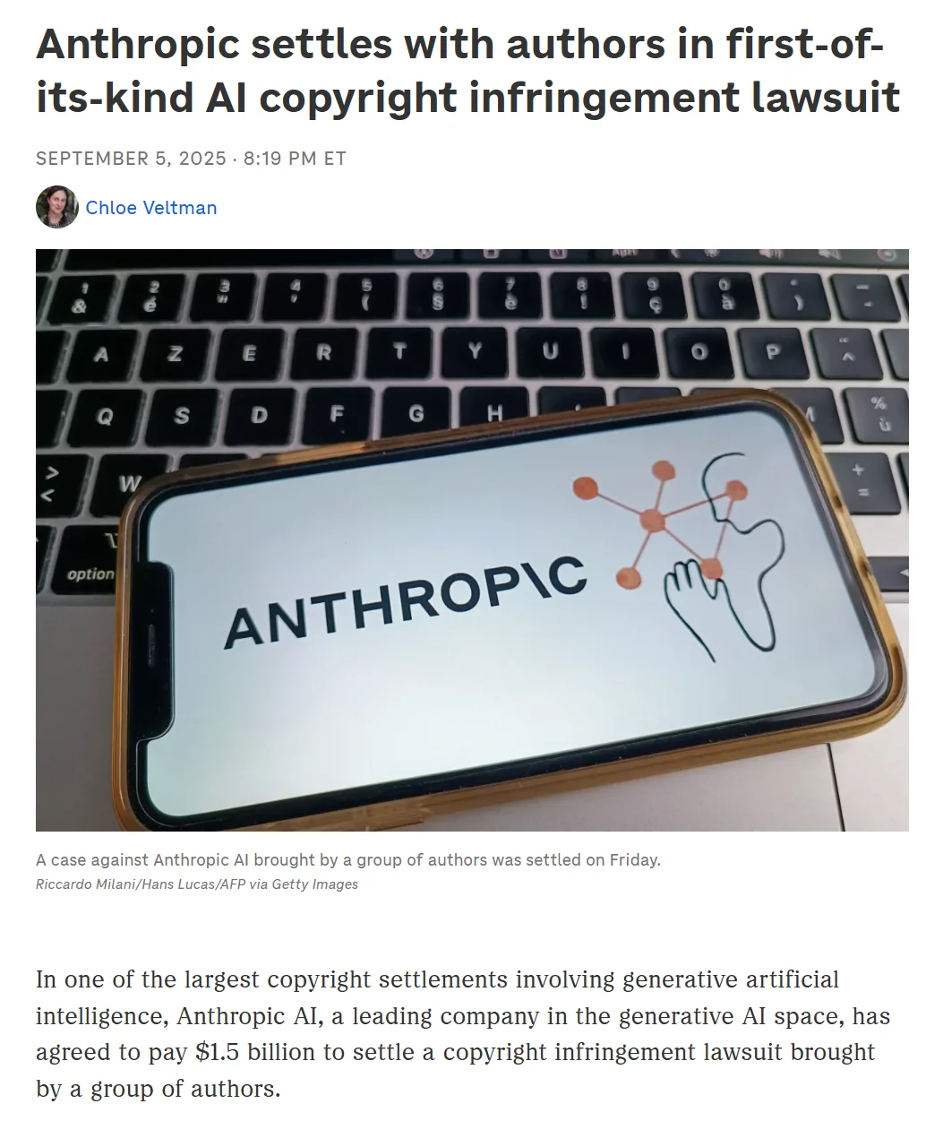 NPR headline: 'Anthropic settles with authors in first-of-its-kind AI copyright infringement lawsuit,' with a phone showing the Anthropic logo