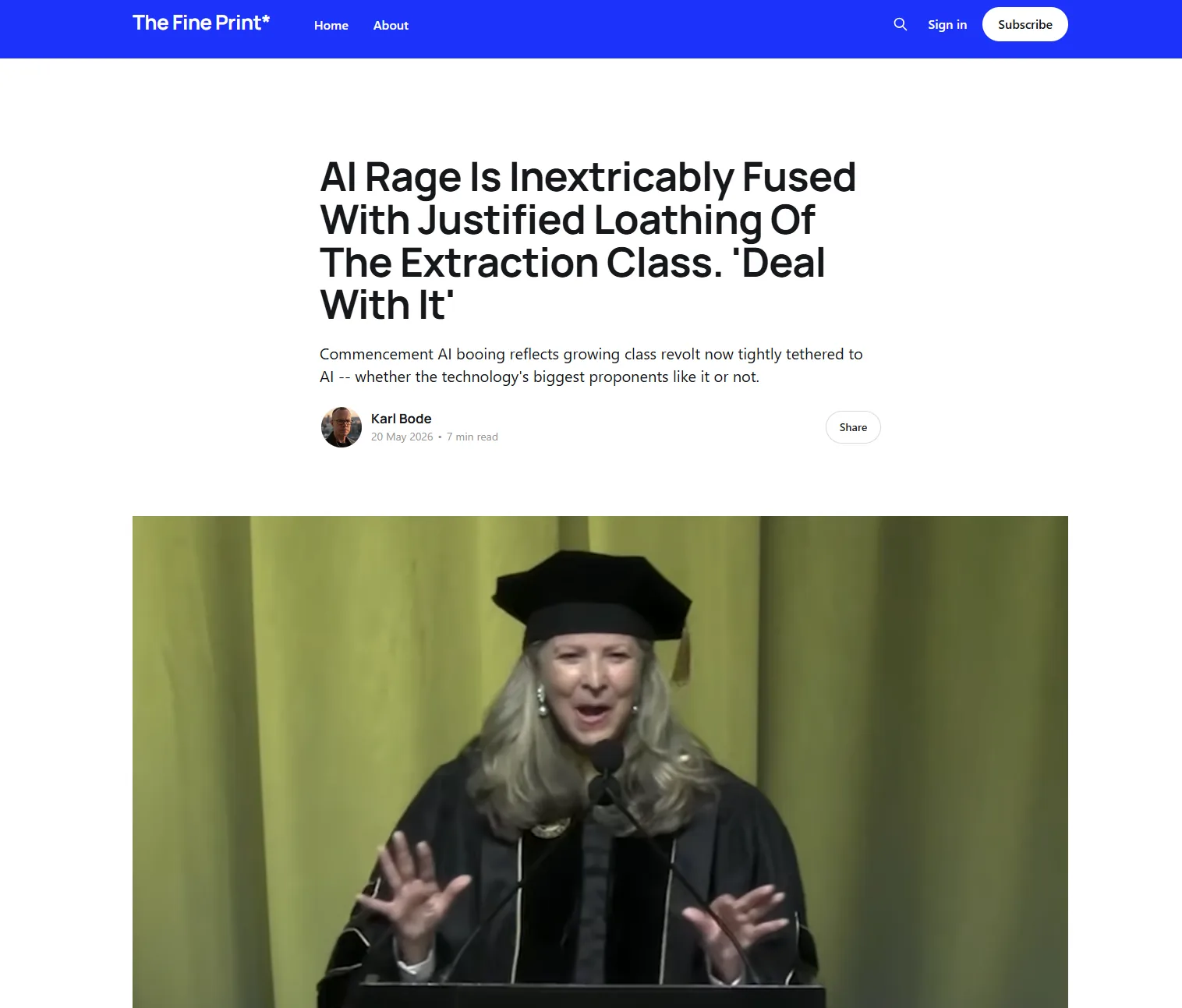 The Fine Print headline by Karl Bode, 'AI Rage Is Inextricably Fused With Justified Loathing Of The Extraction Class. Deal With It,' over a photo of a commencement speaker in academic regalia at a podium