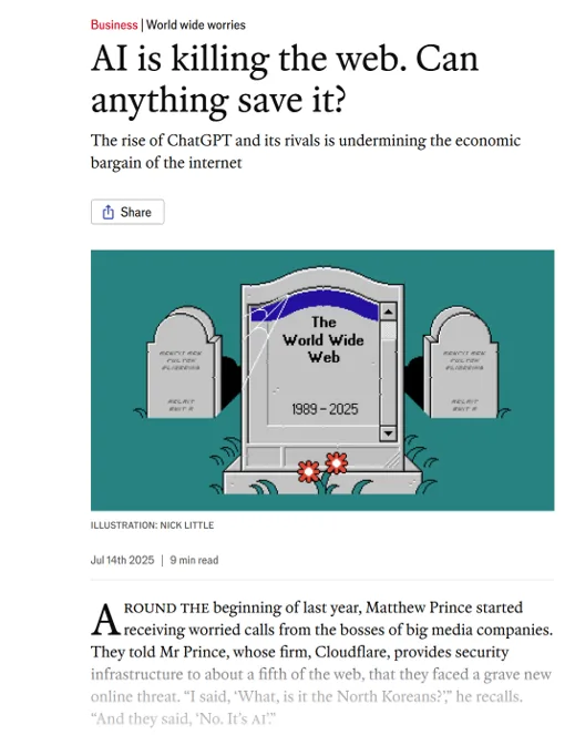 The Economist headline 'AI is killing the web. Can anything save it?' with a tombstone reading 'The World Wide Web 1989–2025'