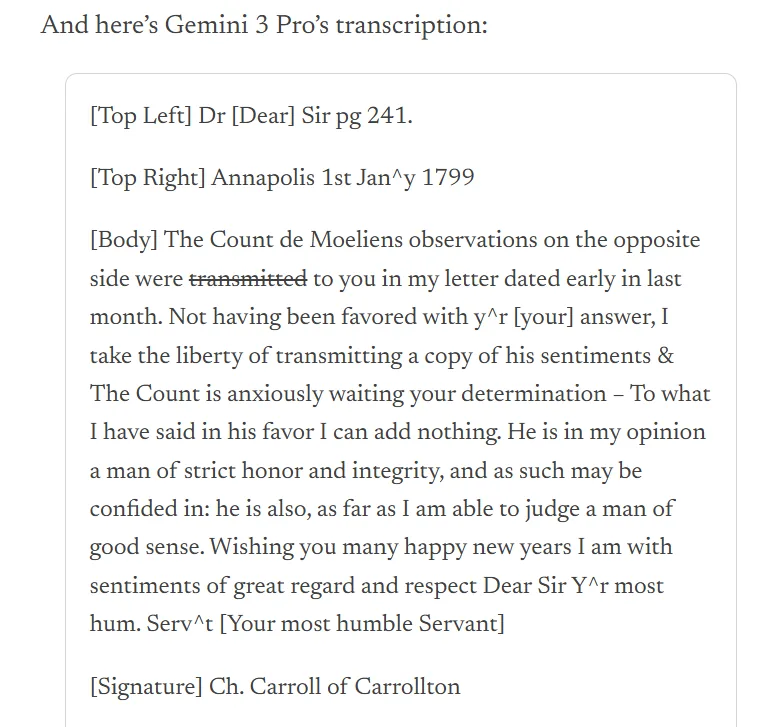 Gemini 3 Pro's typed transcription of the handwritten 1799 letter