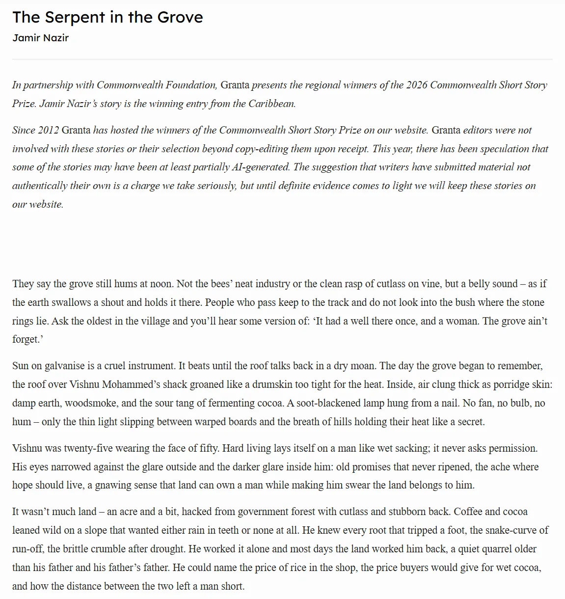 Screenshot of the Granta story 'The Serpent in the Grove' by Jamir Nasir, introduced as the 2024 Commonwealth Short Story Prize winner amid suspicion the entry was AI-generated, followed by the opening of the story