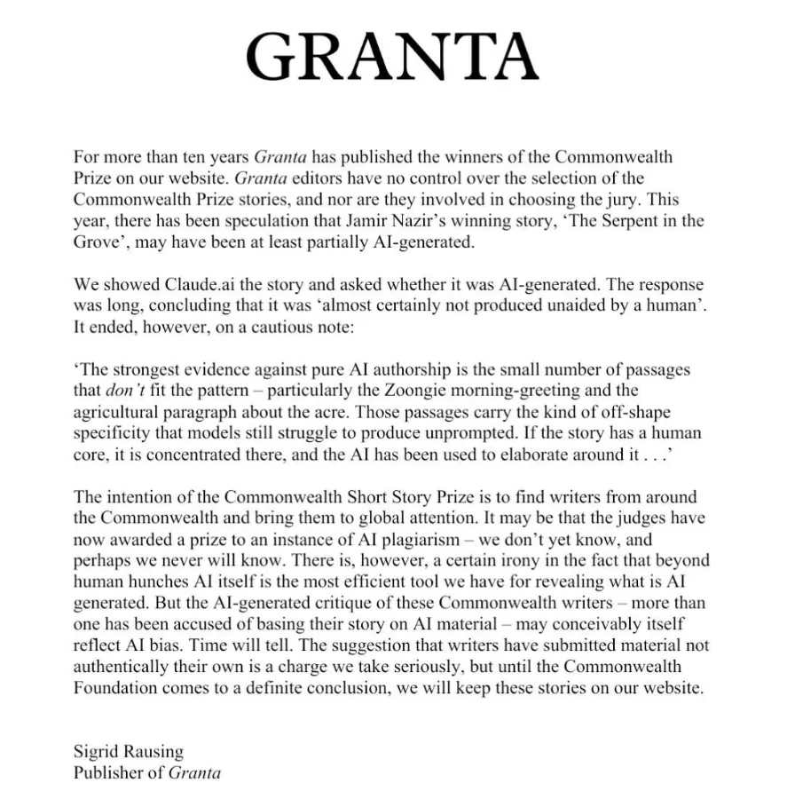 Text from Granta describing how a Commonwealth Short Story Prize winner was suspected of being AI-generated, and Claude's assessment that the story was 'almost certainly not produced unaided by a human'