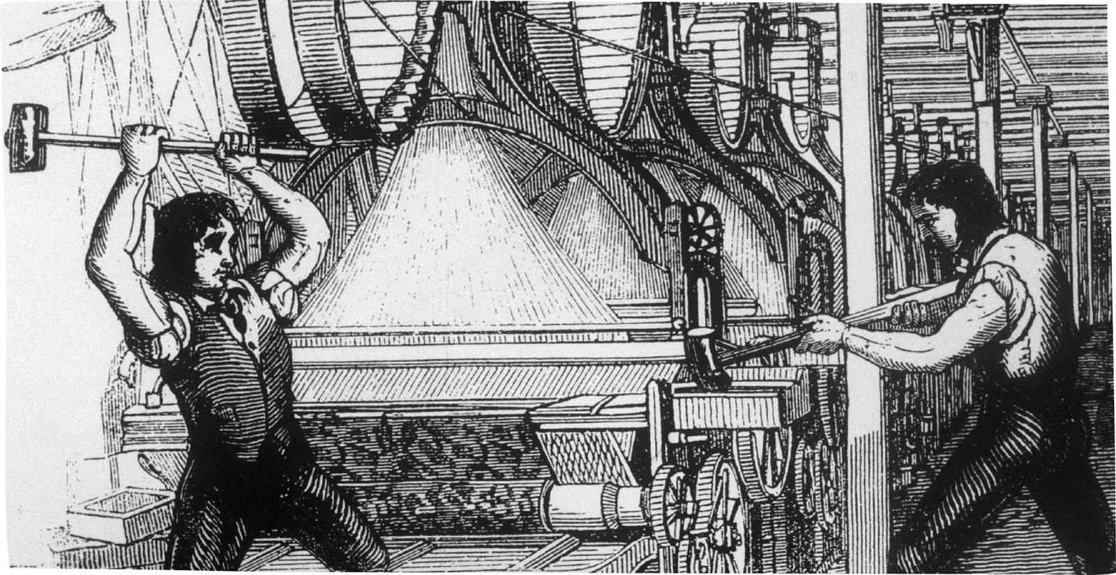 19th-century engraving of two workers smashing a power loom with a sledgehammer