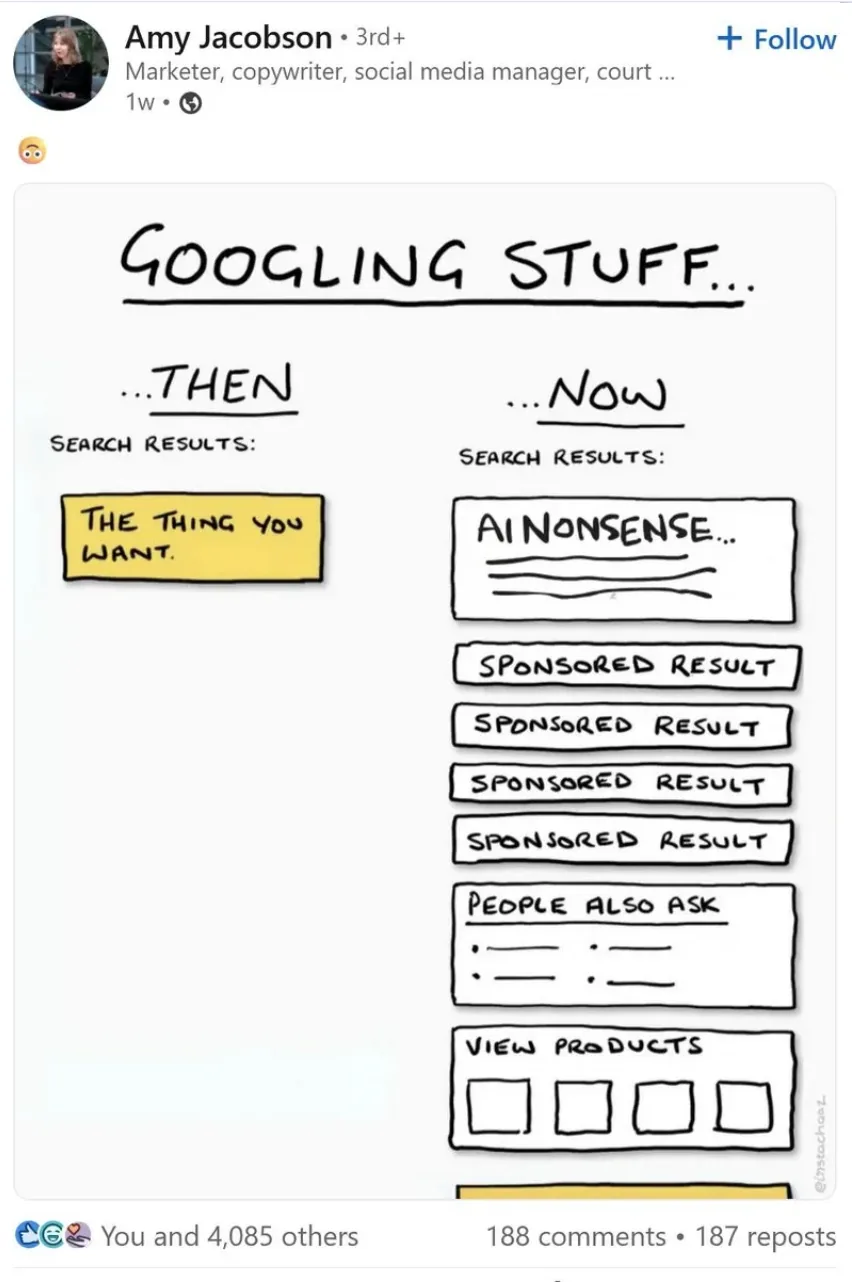 Hand-drawn cartoon, 'Googling Stuff... Then vs Now': 'Then' returns one result, 'the thing you want'; 'Now' returns AI nonsense, three sponsored results, People Also Ask, and View Products