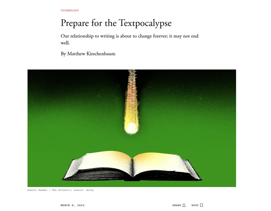 The Atlantic headline 'Prepare for the Textpocalypse,' by Matthew Kirschenbaum, with an illustration of a meteor striking an open book