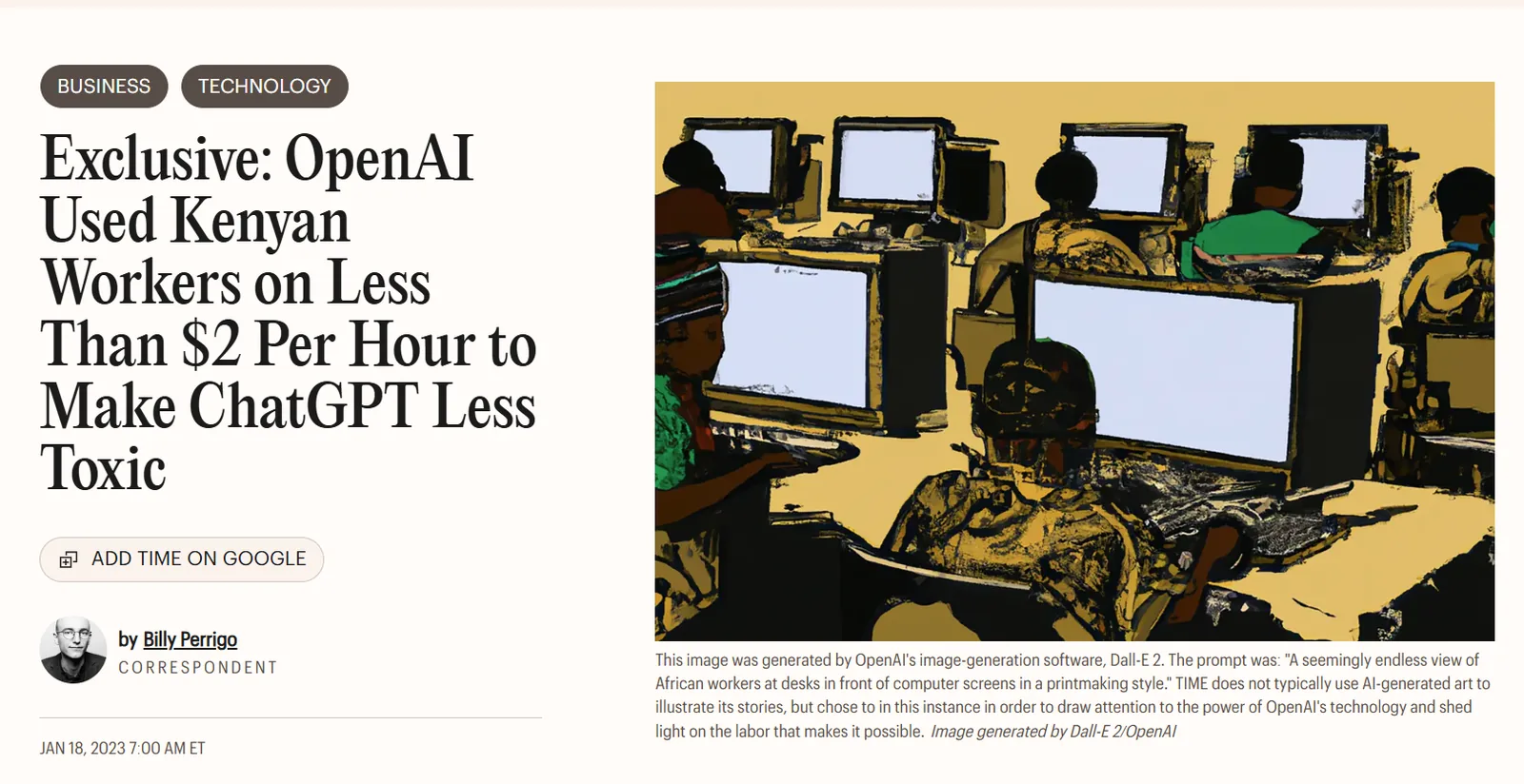 TIME headline: 'OpenAI Used Kenyan Workers on Less Than $2 Per Hour to Make ChatGPT Less Toxic'