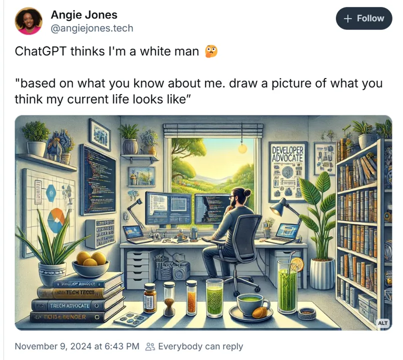A social-media post by Angie Jones reading 'ChatGPT thinks I'm a white man,' above the prompt 'based on what you know about me, draw a picture of what you think your current life looks like.' The generated image shows a man at a tidy multi-monitor desk in a plant-filled home office.