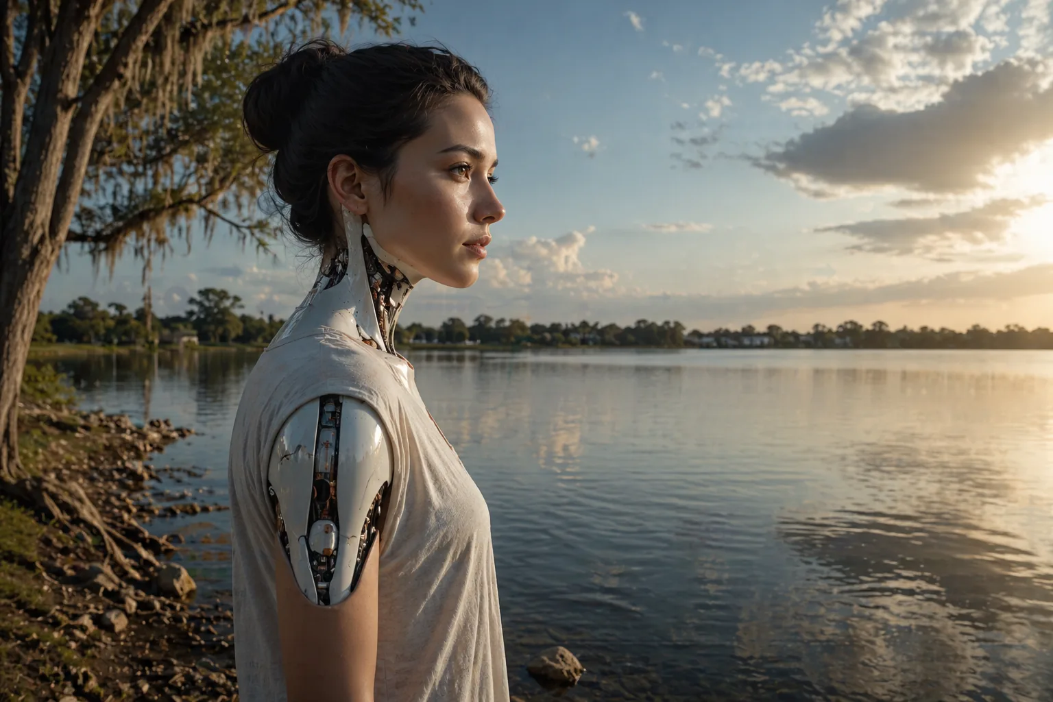 AI-generated portrait of a woman by a lake at sunset, with a partially-visible cyborg arm