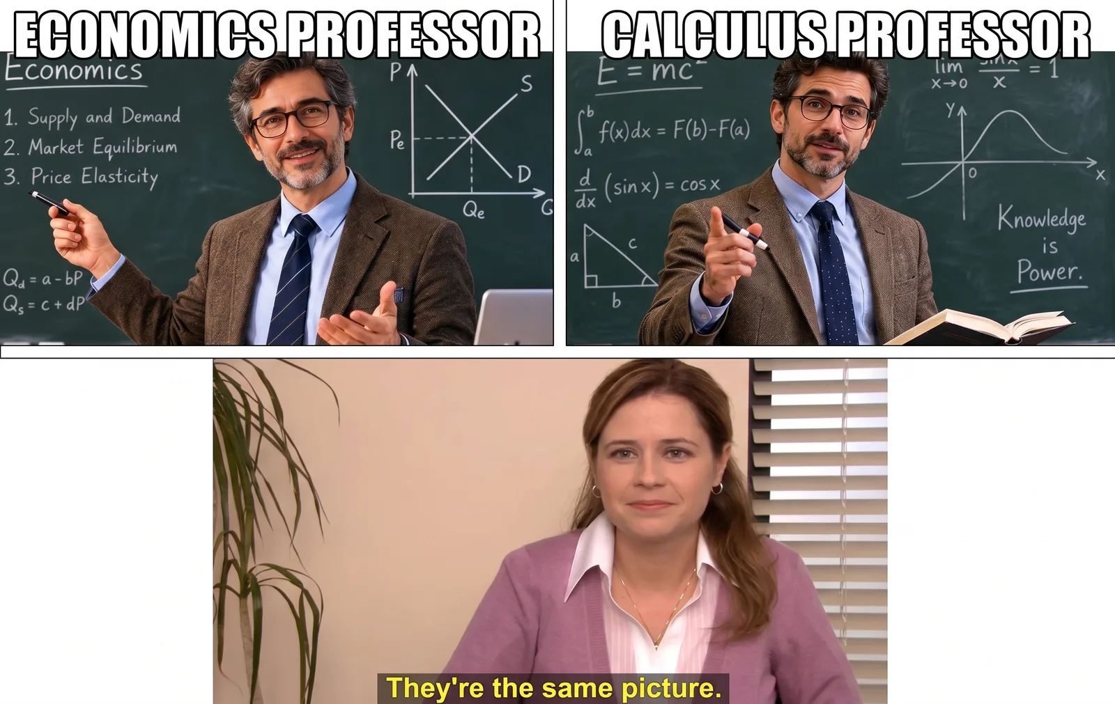 Gemini's version of the meme: two top panels labeled 'ECONOMICS PROFESSOR' and 'CALCULUS PROFESSOR' show the same generated professor at two chalkboards, with Pam below captioned 'They're the same picture.'