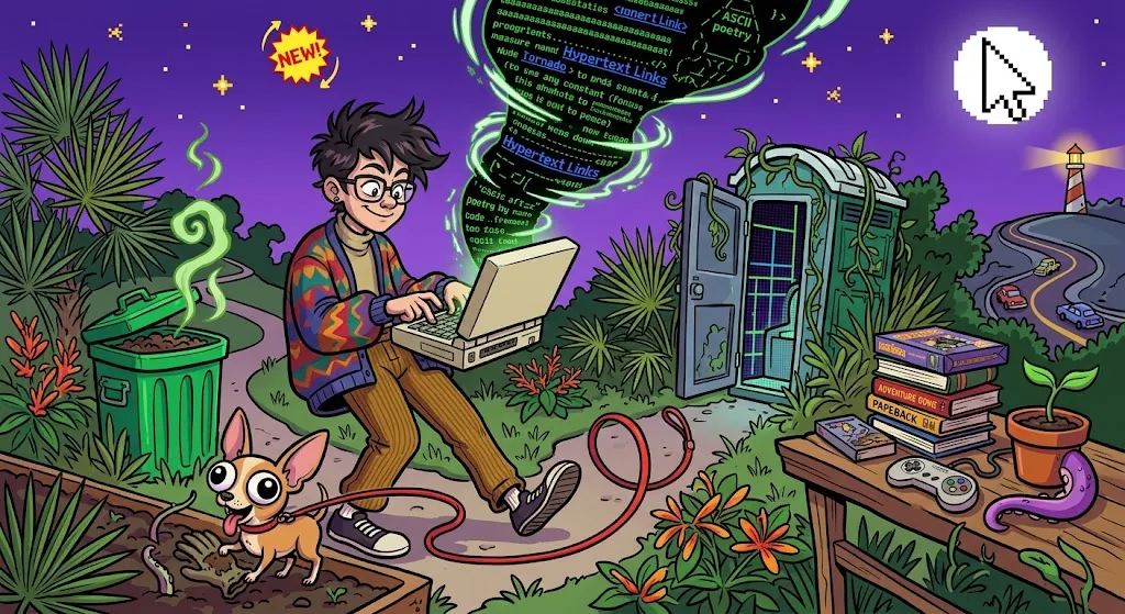 A colorful cartoon portrait of a bespectacled person in a patchwork sweater typing on a laptop in a lush garden at night, walking a small chihuahua, surrounded by retro game cartridges, swirling hypertext-link code, a TARDIS-like door, a lighthouse, and a winding road — a generative-AI image of the presenter assembled from what Claude and Gemini 'know.'