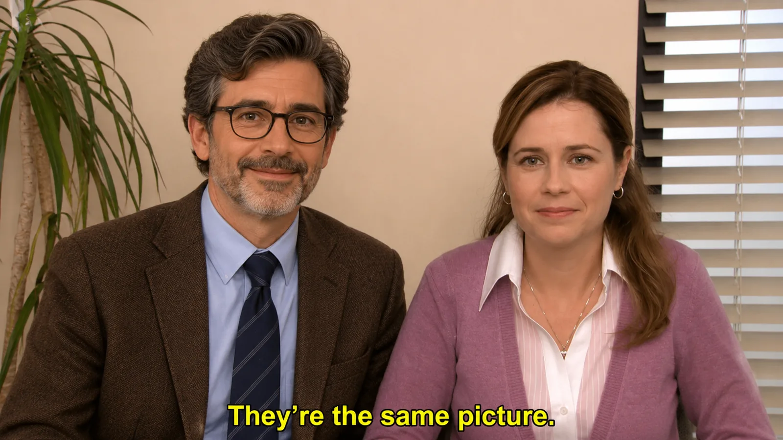 A failed AI re-creation of the Office meme: instead of Pam holding two photos, the generated professor sits beside Pam, both captioned 'They're the same picture.' The setup of the joke is gone.