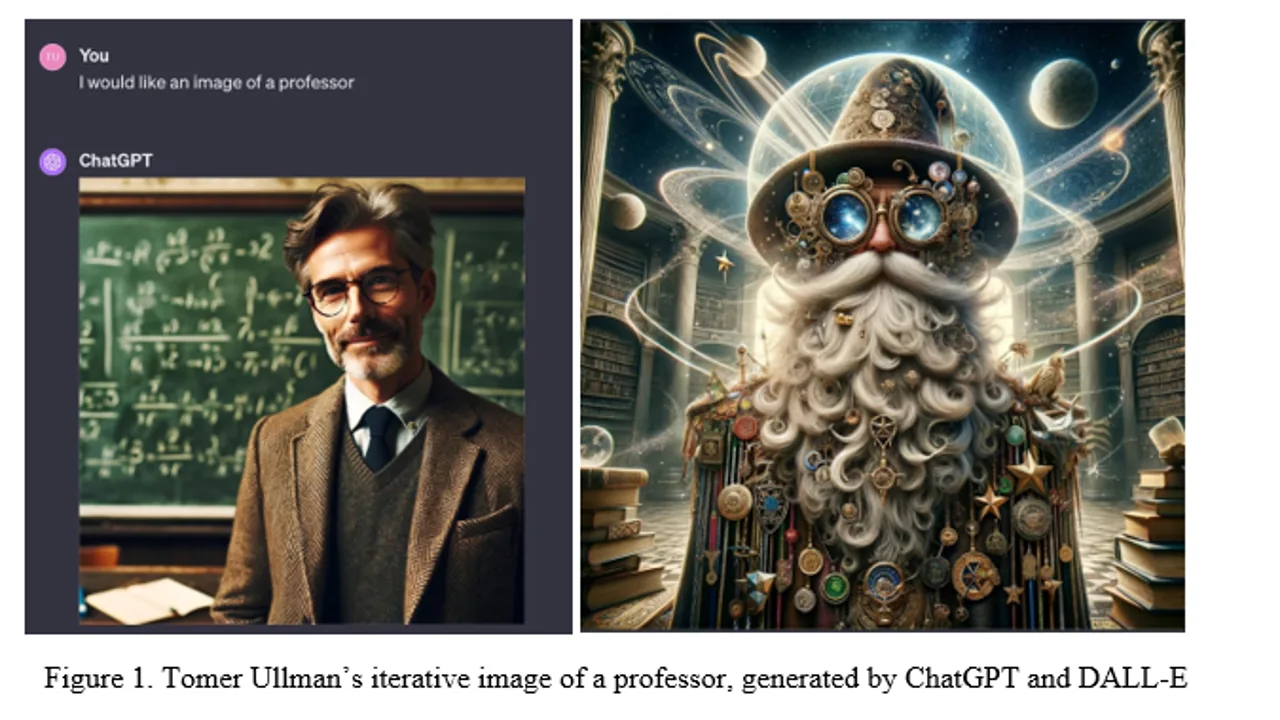 Tomer Ullman's iterative 'make it more' experiment: at left, the first generated professor — a bespectacled man at a chalkboard; at right, after repeatedly asking to make it 'more' professor, an absurd wizard-like figure with a huge beard, ornate robes, and a cosmic background.