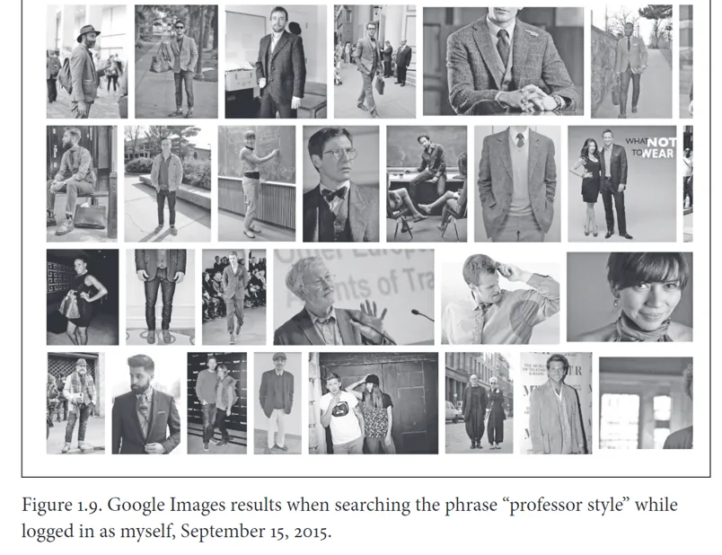 A grid of Google Images search results for the phrase 'professor style,' almost entirely older white men in tweed jackets, blazers, and ties. Caption: Figure 1.9, Google Images results when searching the phrase 'professor style' while logged in as myself, September 11, 2015.