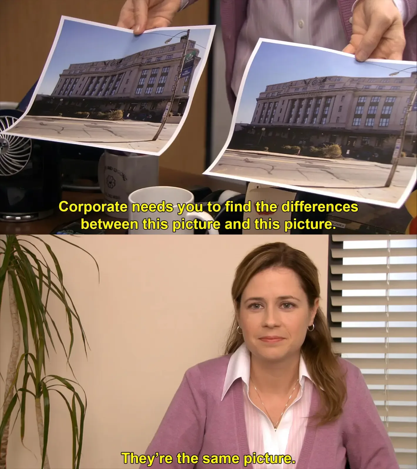 The 'They're the same picture' meme from The Office: Pam holds up two near-identical photographs of an office building and says 'Corporate needs you to find the differences between this picture and this picture,' then deadpans 'They're the same picture.'