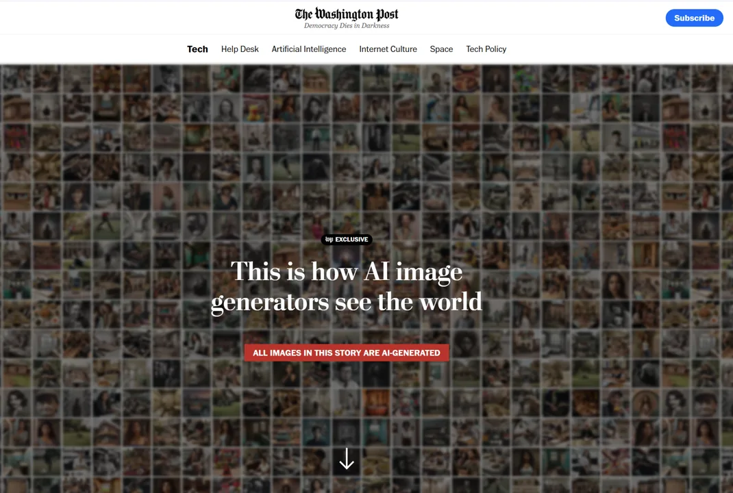 Washington Post interactive headline 'This is how AI image generators see the world,' over a mosaic of generated faces, with a note that all images in the story are AI-generated.