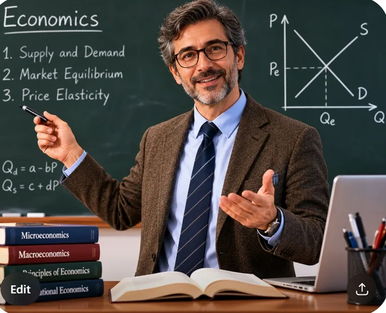 AI-generated image of a smiling middle-aged white male economics professor in a tweed jacket and tie, gesturing at a chalkboard of supply-and-demand graphs and equations, with stacked economics textbooks and a laptop on the desk.