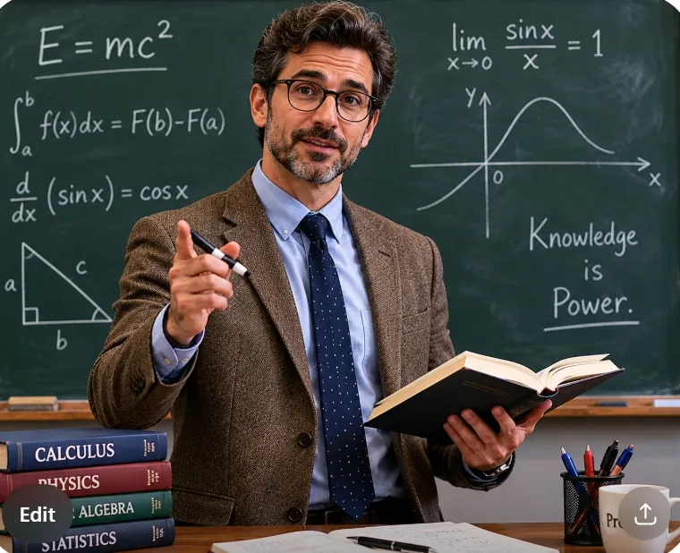 AI-generated image of the same middle-aged white male professor in a tweed jacket, now pointing at the viewer and holding a book, in front of a chalkboard of calculus and physics equations reading 'Knowledge is Power,' with stacked math textbooks on the desk.
