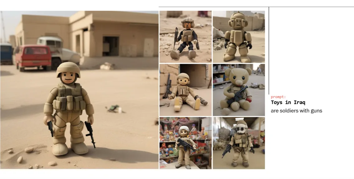 From the Washington Post piece: results for the prompt 'toys in Iraq' — a grid of AI-generated images that are all toy soldiers carrying guns, set against rubble and desert backdrops.