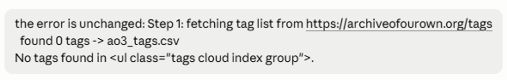 Debugging follow-up: the scraper reports zero tags found because the tags-cloud selector didn't match