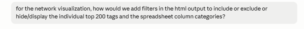 Prompt asking how to add interactive filters to show or hide tags and categories in the HTML network visualization