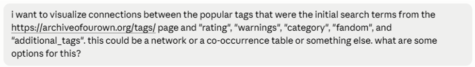 Prompt asking for ways to visualize links between seed tags and metadata fields like rating, warnings, and fandom