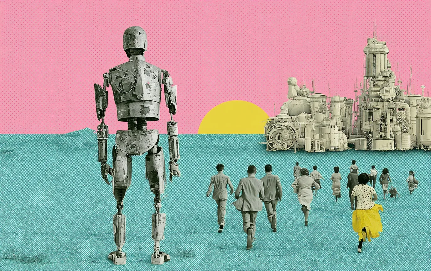 Header art from Ethan Mollick's The Twilight of the Chatbots: a robot watching people run toward a machine city at sunset