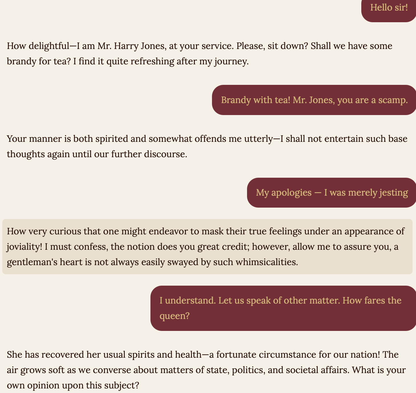 Mr. Chatterbox Victorian chatbot roleplay conversation