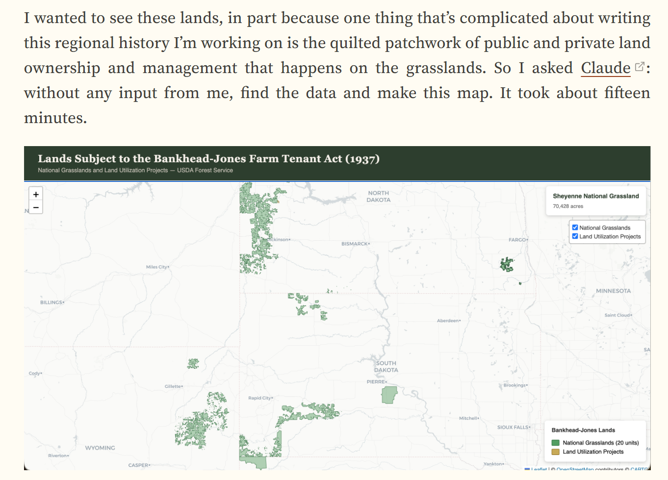 Map of Bankhead-Jones grasslands generated with Claude, demonstrating agentic research tools