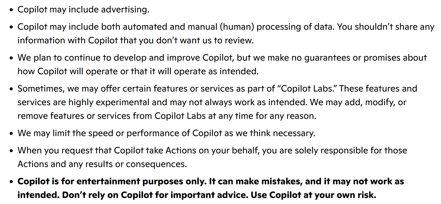 Microsoft Copilot terms of service stating it is for entertainment purposes only
