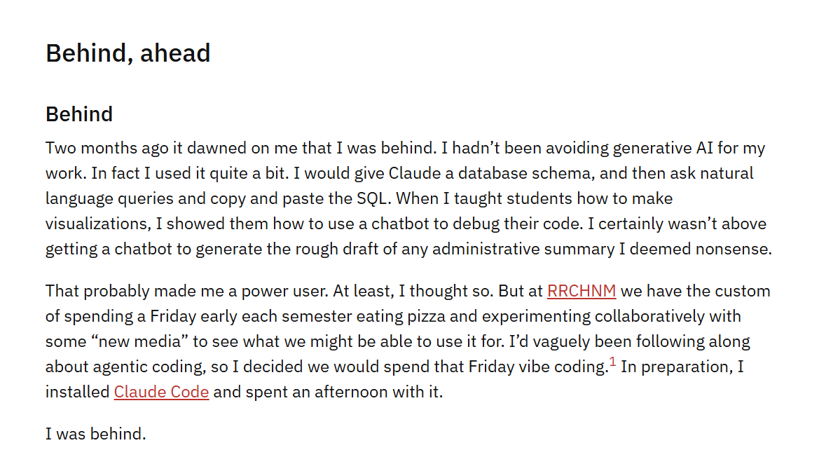 Lincoln Mullen's 'Behind, ahead' blog post about discovering agentic coding