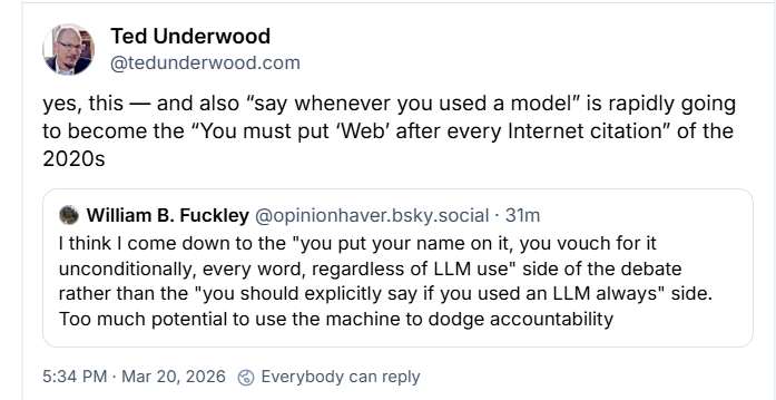 Ted Underwood post comparing AI disclosure to putting 'Web' after internet citations